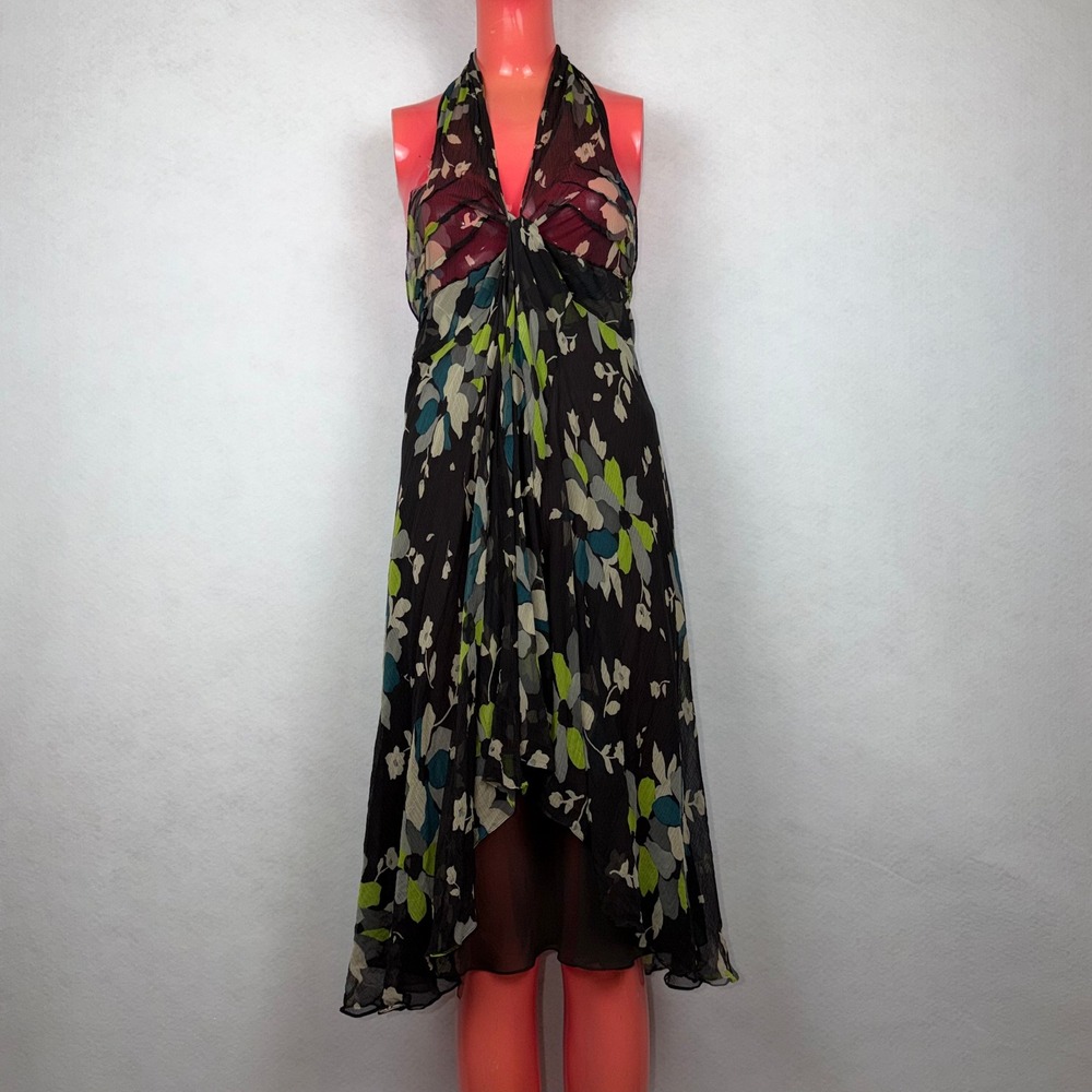 Carlisle Silk Halter Dress Womens 6 Brown Floral Handkerchief Hem Midi Wedding